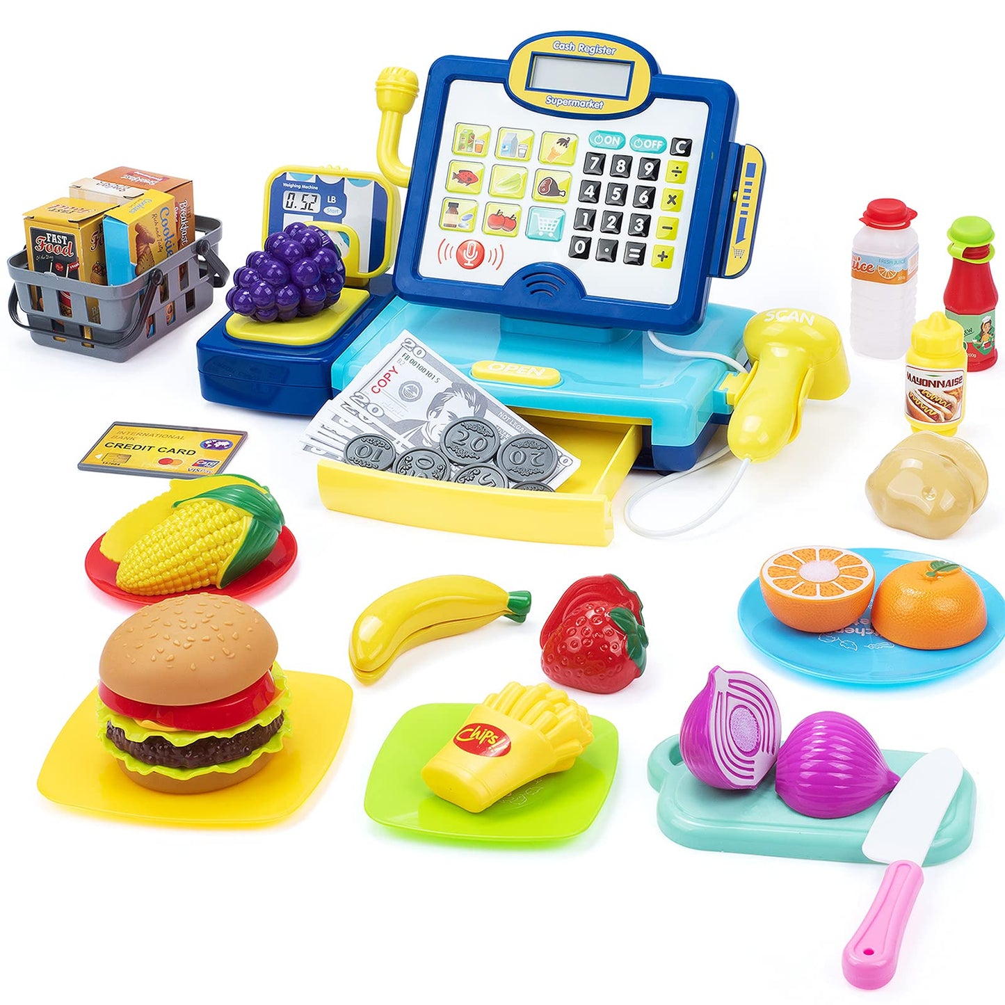 SUPERHIGH Cash Register for Kids, Pretend Play Cash Register with Scanner, Cuttable Food & Microphone Calculator Cash Register f