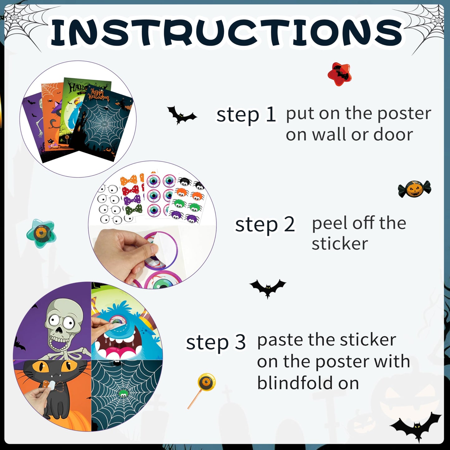 Boramdo Halloween Party Games Halloween Pin The Game Poster With 96 Stickers And 4 Blindfolds, Halloween Pin The Tail Game For H