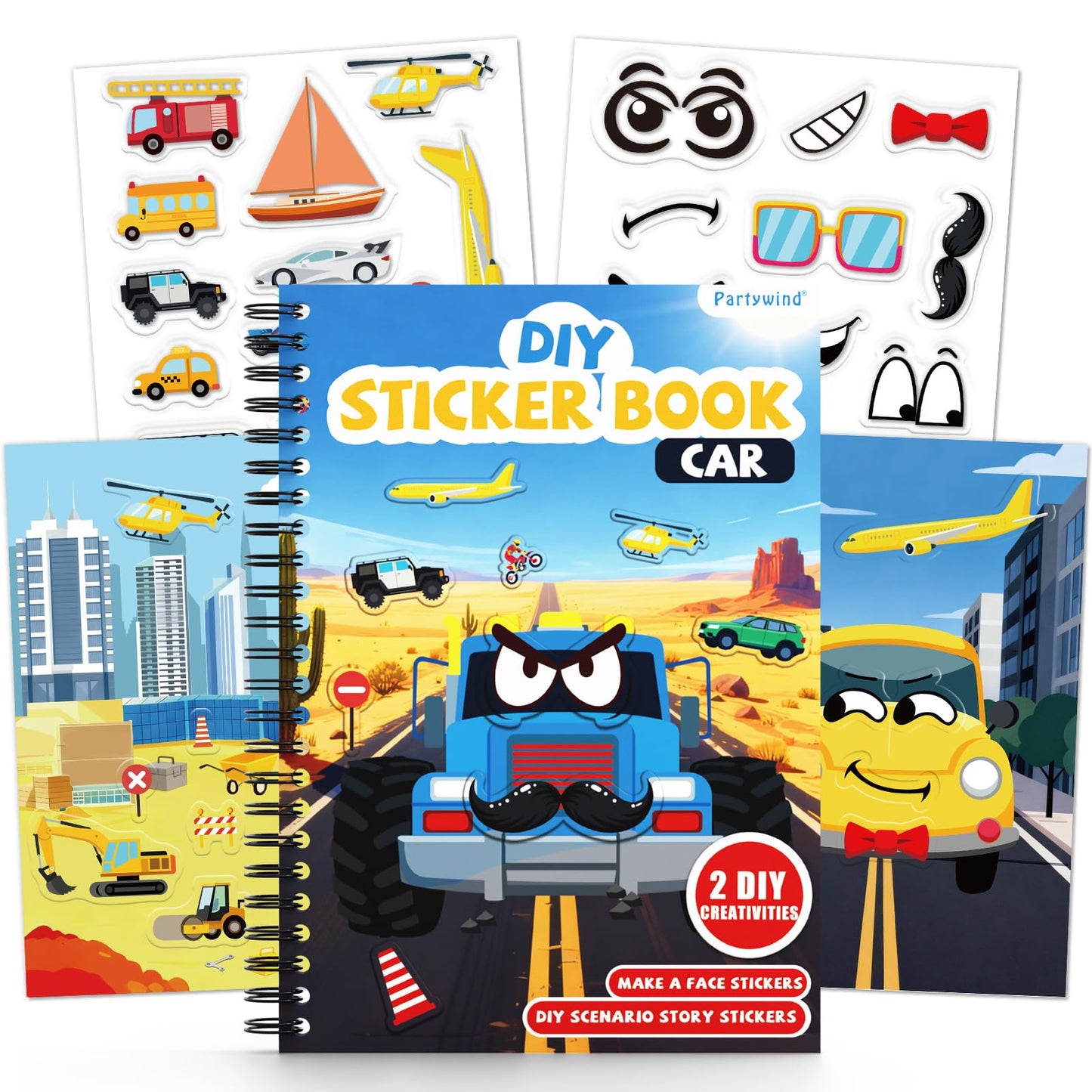 Cars Reusable Sticker Book for Toddlers, DIY Make-a-face Jelly Fun 3D Stickers, Washable Puffy Stickers for Kids Toys, Airplane