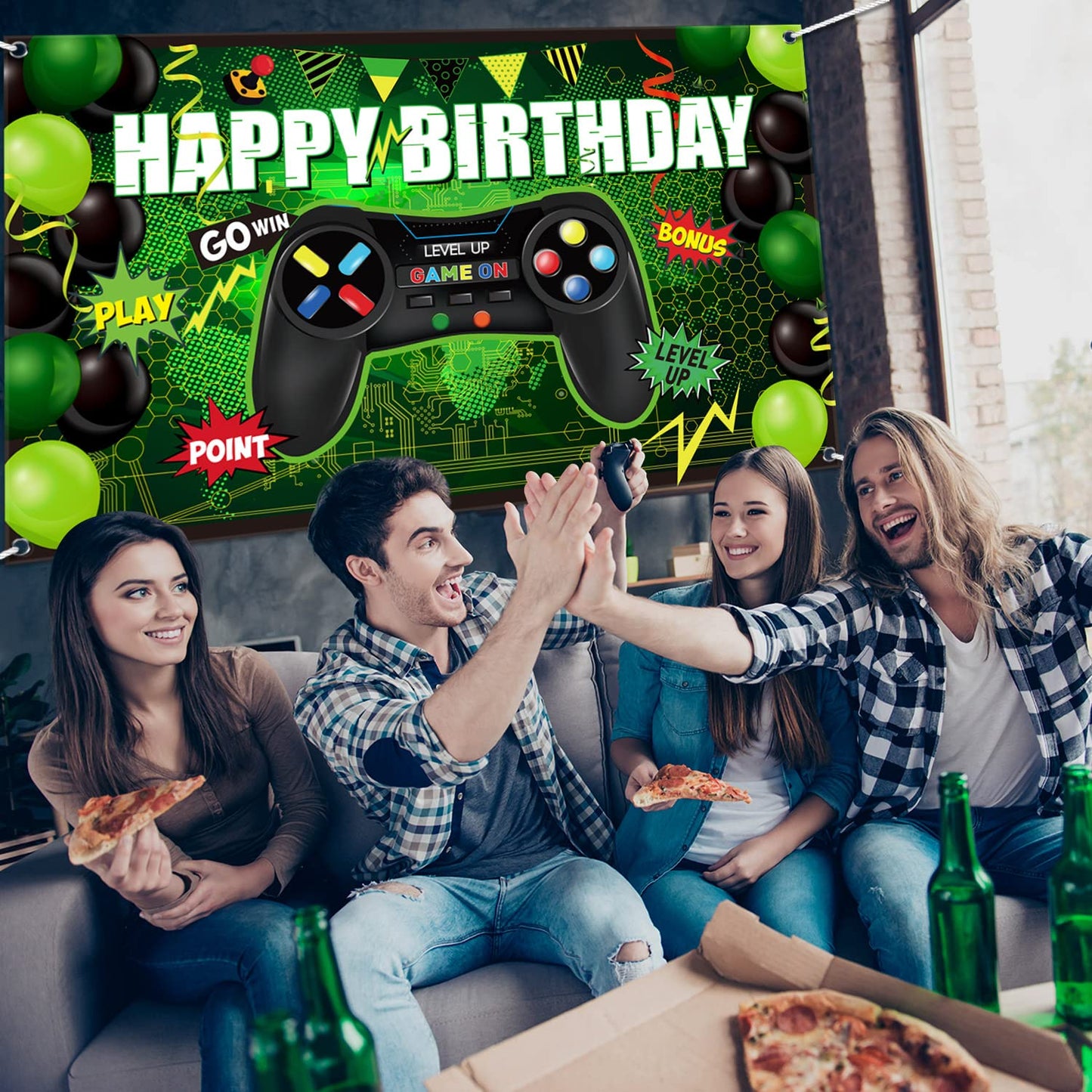 Blulu Video Game Happy Birthday Backdrop Game On Birthday Banner Level Up Gaming Theme Party Background Photo Props For Party Wall Decorations Supplies(Green)