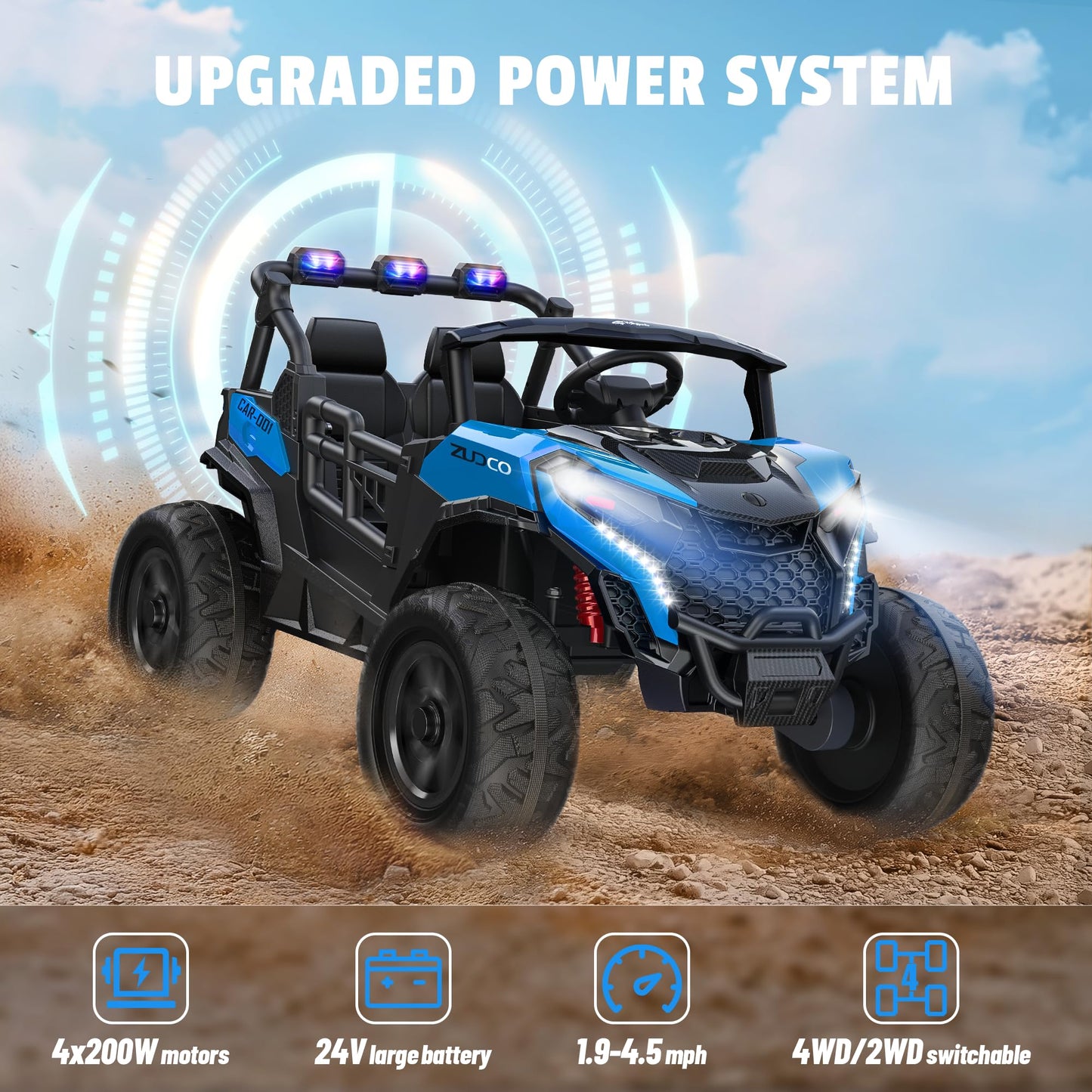 Arbeli 24V 2 Seater Ride On Car Truck, 4X200W, Eva Tires, 4Wd/2Wd, Remote Control, Rainbow Lights, Shock Absorbers, Bluetooth, R