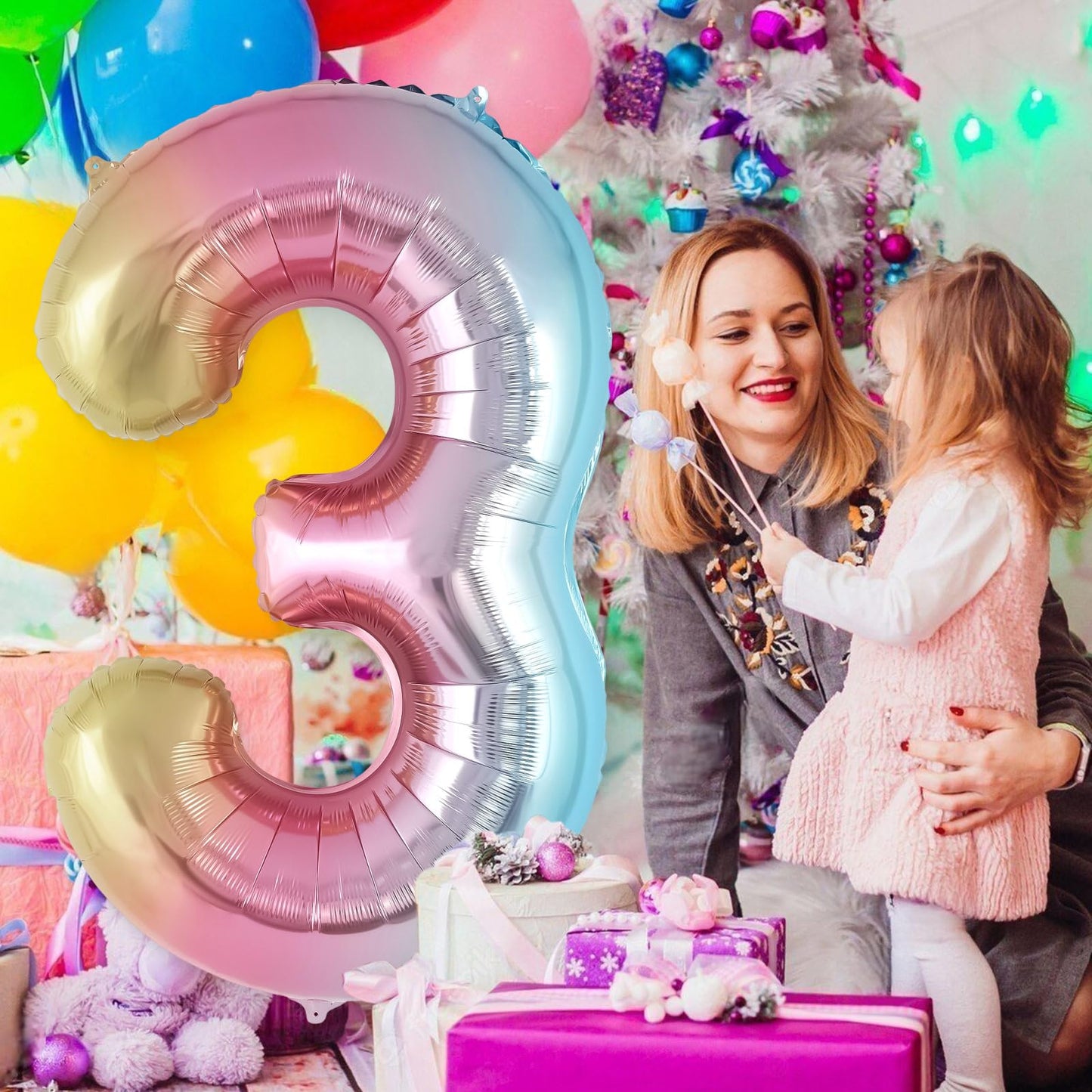 Rainbow Gradient Number 3 Balloon, 40 Inch Big Large Foil Number Balloons, Jumbo Mylar Number 3 Balloons For 3 Third Birthday Pa