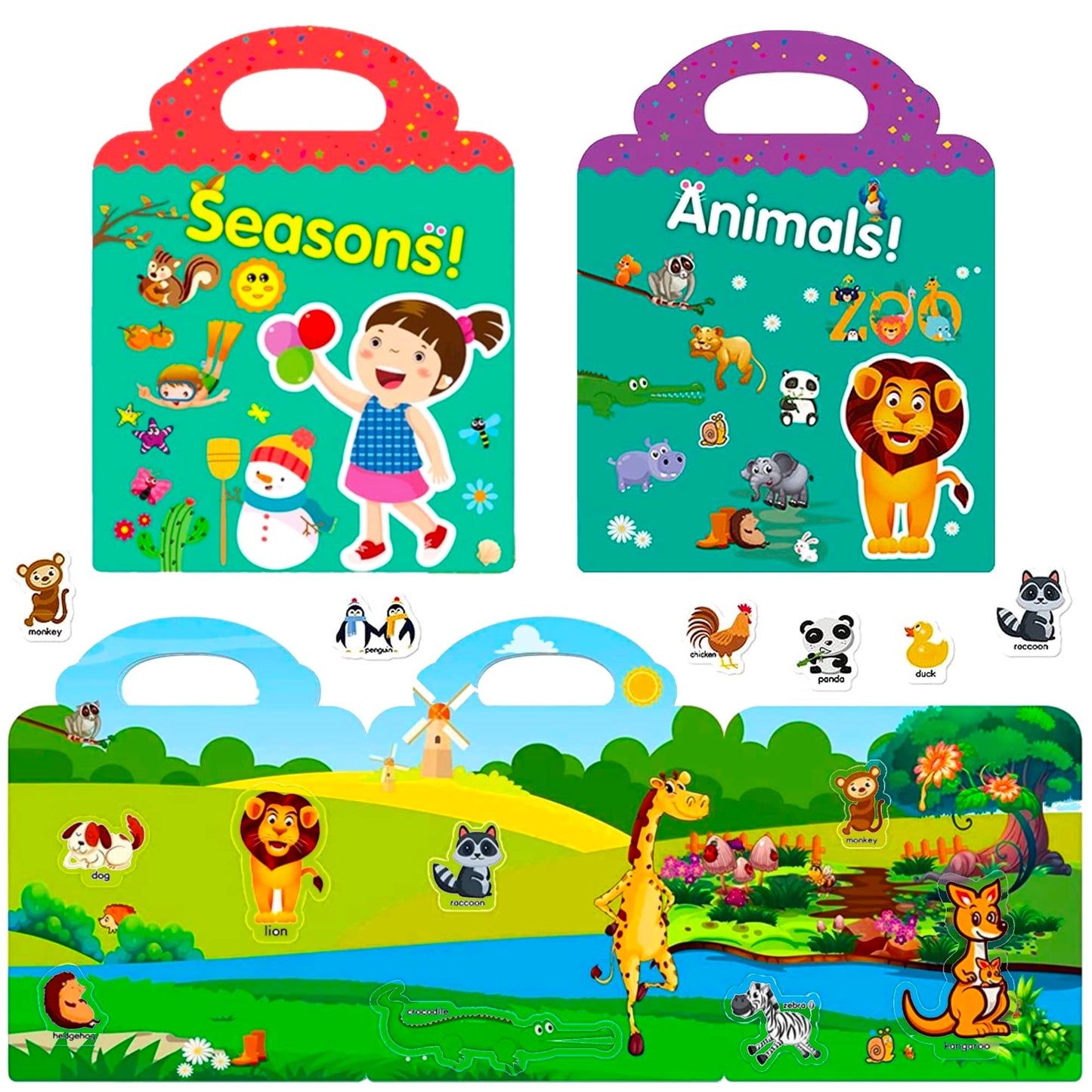 Reusable Sticker Book For Kids, 3 Sets Educational Learning Toys Travel Stickers Activity Books For Toddler Girls Boys Age 3+ Birthday Gifts - Farm, Season & Animals