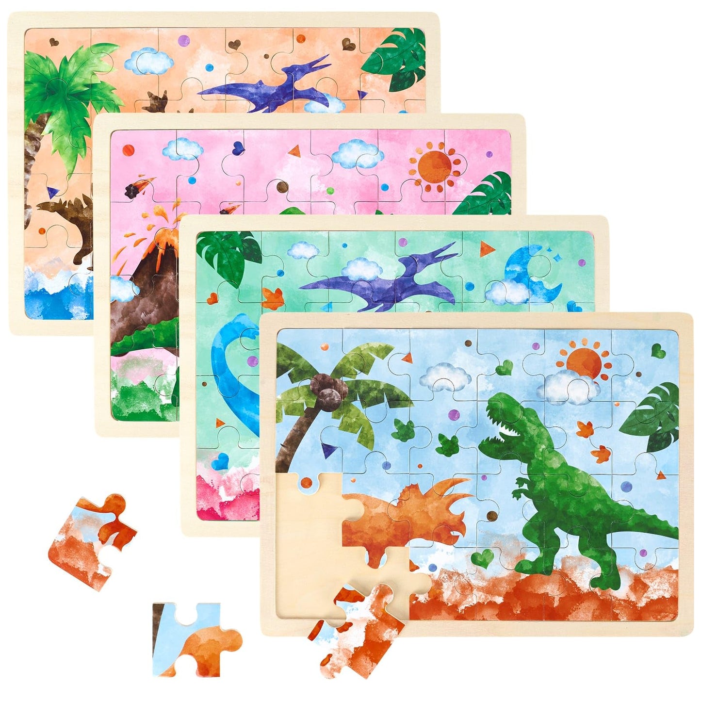 Wernnsai Dinosaur Wooden Jigsaw Puzzles - Preschool Educational Brain Teaser Boards 4 Packs With 24 Piece Dino Puzzles Toys Dino