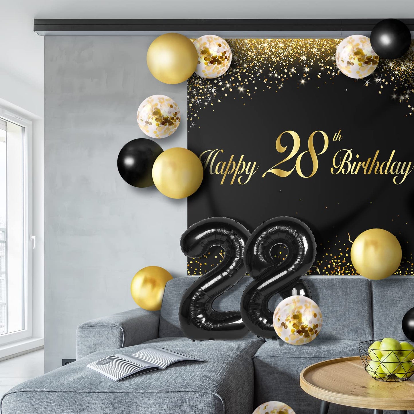 Happy 28Th Birthday Balloons Black Set Decor - Cheers To 28 Years Old Party Theme Garland Banner Backdrop Decorations For Women