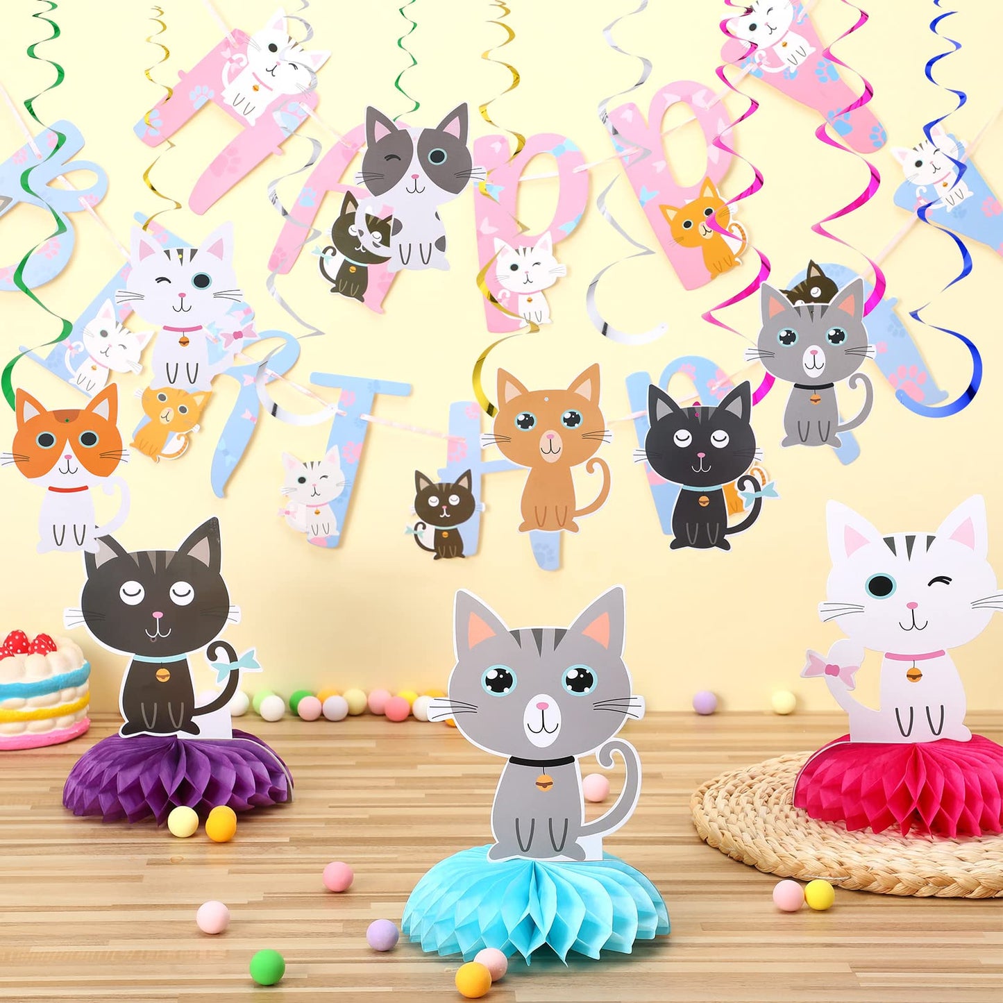 Chinco 16 Pcs Cat Theme Birthday Party Decorations Party Supplies Kit, Includes Cat Party Banner With 6 Hanging Cutouts 6 Hanging Swirl Decor And 3 Birthday Honeycomb Party Decoration(Cool Style)