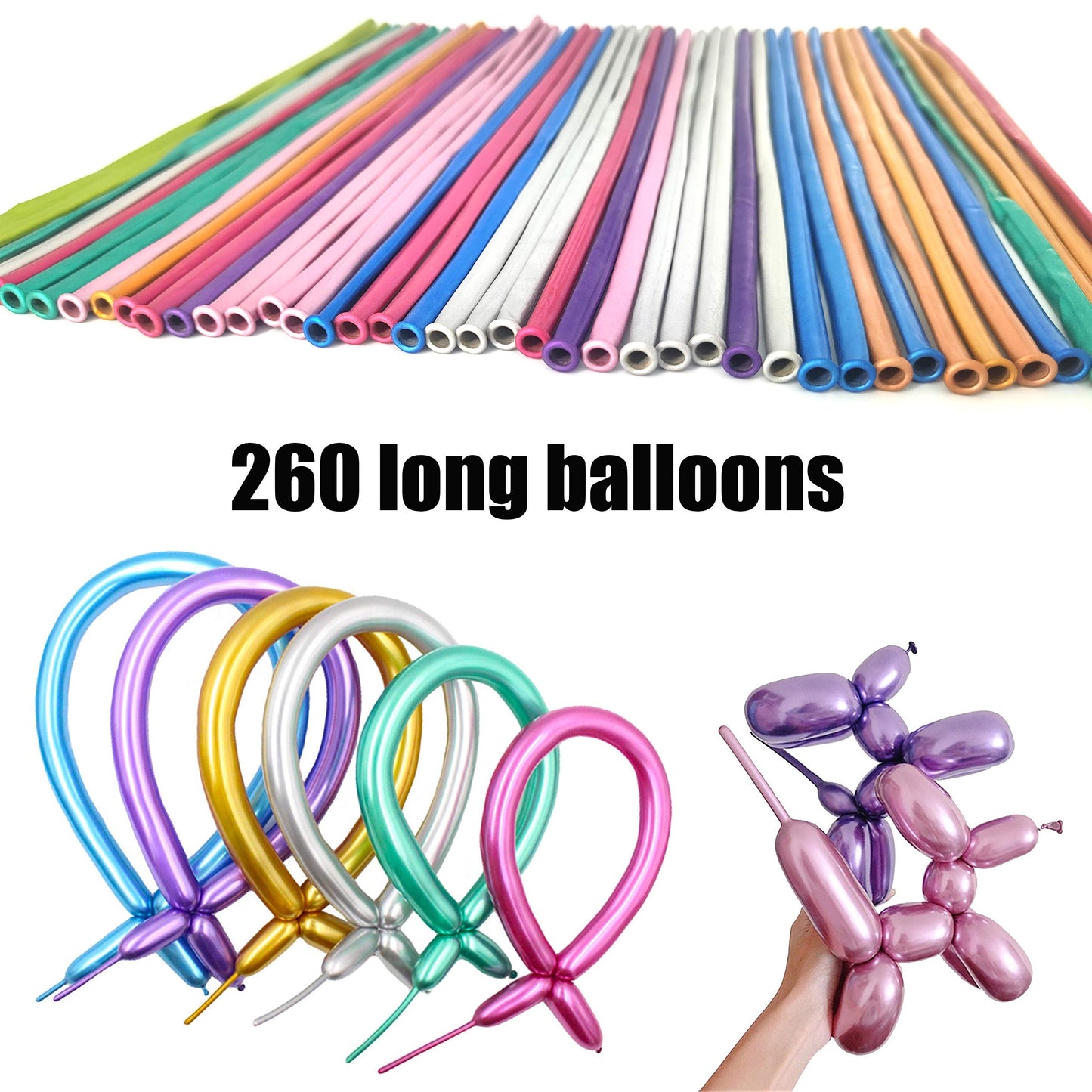 Hykjnbw Metallic Long Balloons For Balloon Animals, Chrome 260 Balloons Art Kit For Twisting, Skinny Modeling Balloons Supplies
