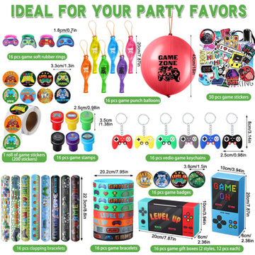 HyDren 179 Pcs Video Game Party Favors Includes Video Game Goodie Treat Boxes Punch Balloons Silicone Bracelets Keychains Badges