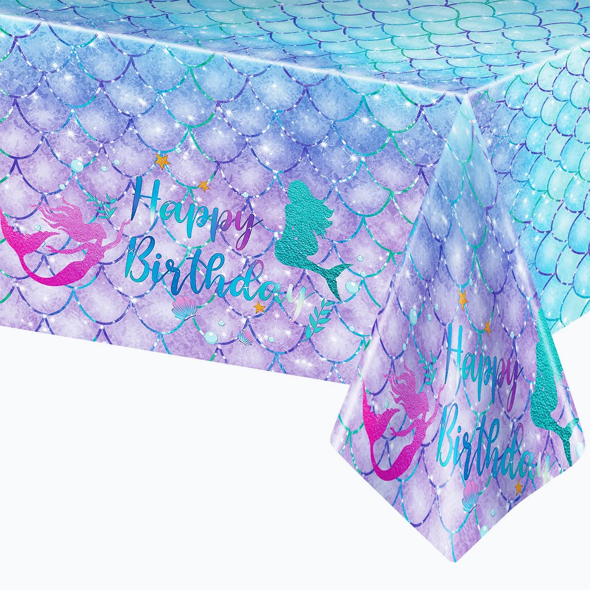 Daiuni 1Pcs Mermaid Birthday Tablecloth For Birthday Party Decoration, Plastic Disposable Rectangle Table Cover For Kids Girls P