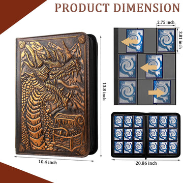 JiaoJiRen 9 Pockets Trading Card Binder-Holds 360 Cards Pockets Album 3D Leather Dragon Double Sided Pocket Collection Zipper Binder for MTG TCG Game Sports Cards (Red Copper)