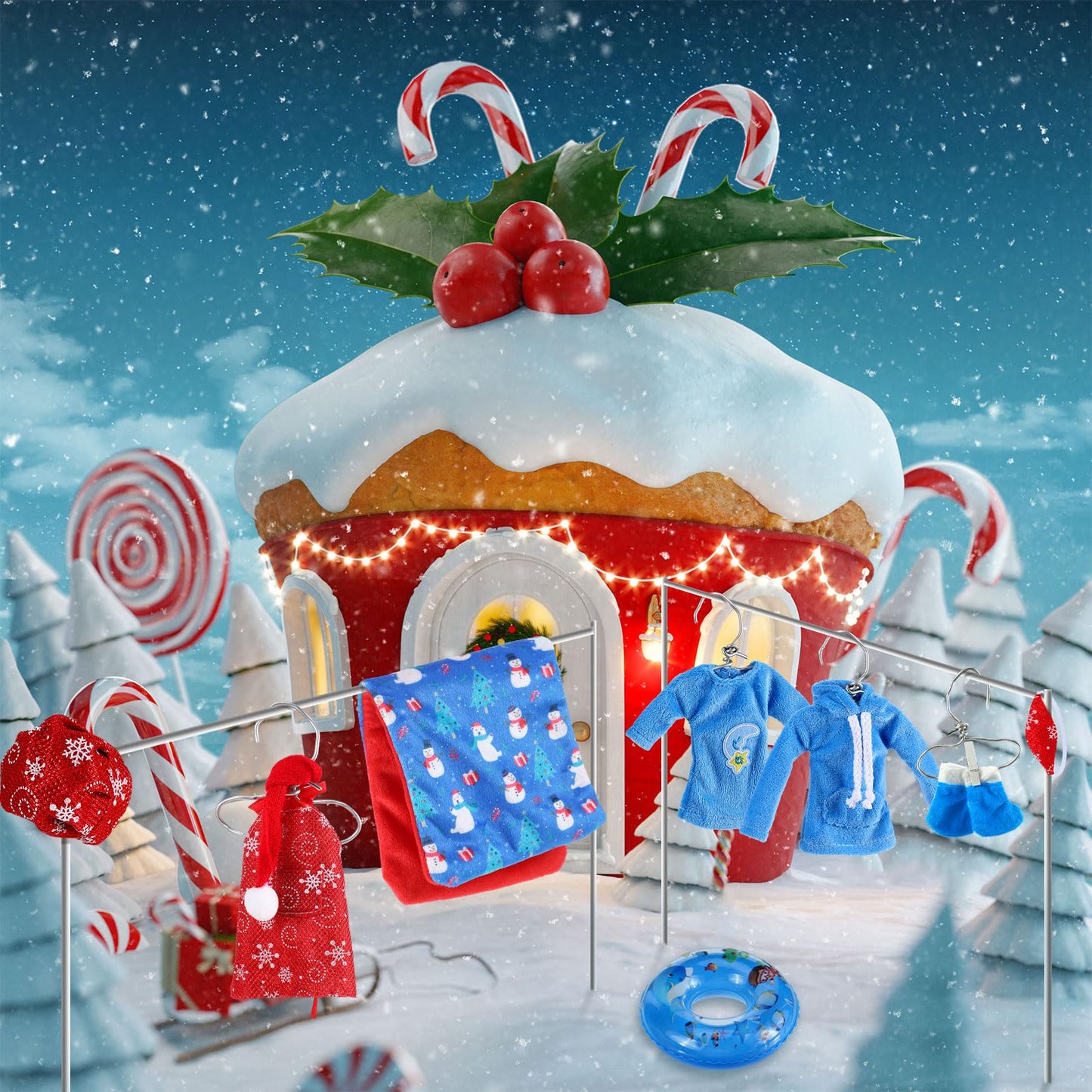 9 Pieces Christmas Elf Doll Accessories Set Include Elf Sleeping Bag Scarf Mask Shirt Hoodie Shoes Apron Chef Hat Swim Ring Fit