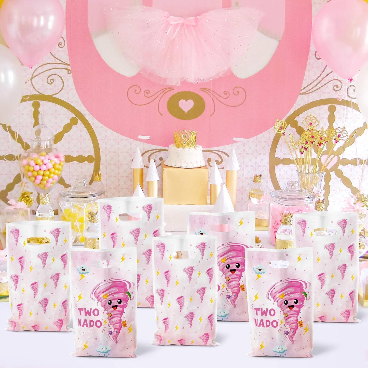 ArianQicult Two Nado Party Favor Bags - 50Pcs Pink Tornado Patterns Goody Candy Treat Gifts Bags, Cute Two Nado Themed Kid Party