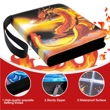 Trading Card Binder for TCG Cards 9-Pocket Portable Card Collector Ablum Holder Book Fits 900 Cards with 50 Removable Sleeve Waterproof BKM Card Binder Display Storage Carrying Cases for TCG -Dragon