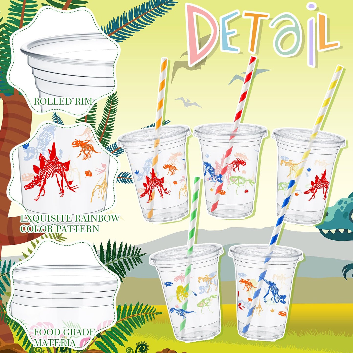 Foldtier 50 Pcs Dinosaur Cups For Kids 12 Oz Disposable Plastic Cups With Straws And Lids Dinosaur Clear Cup Birthday Party Cups