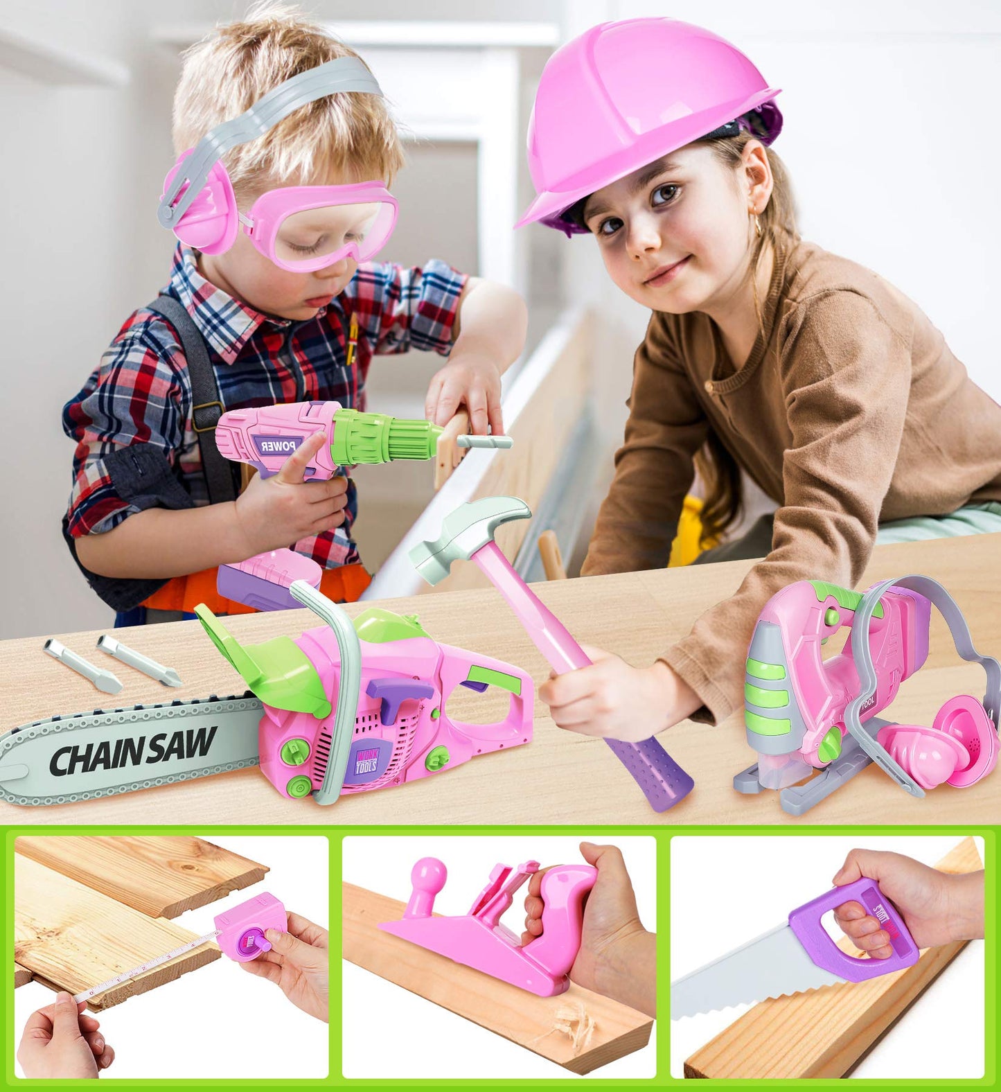 Kids Tool Set with Electric Toy Drill Chainsaw Jigsaw Toy Tools for Girl, Realistic Kids Power Construction Pretend Play Tools S
