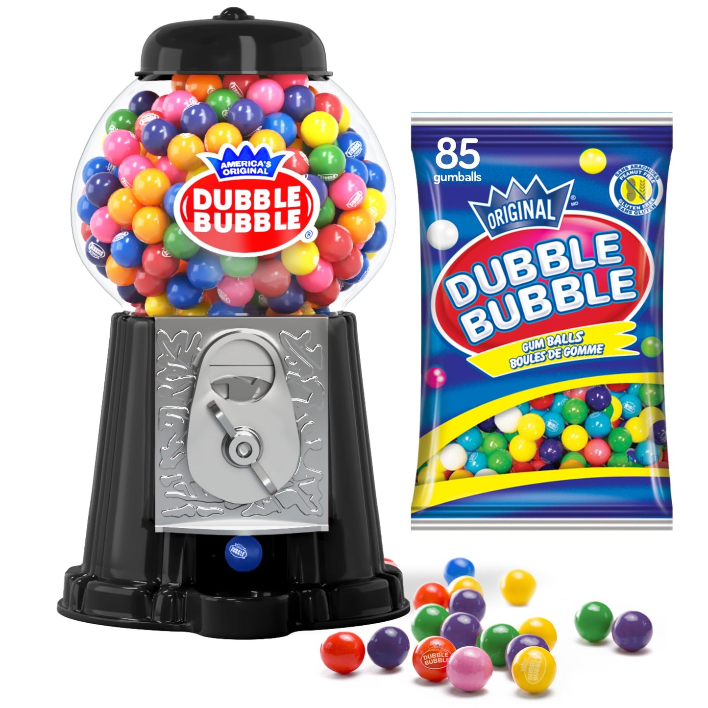 Gumball Machine Halloween Candy - For Kids 8.5' - Coin Operated Toy Bank - Dubble Bubble Gum Machine Classic Red Style Includes 85 Gum Balls - Kids Coin Bank - Candy Dispenser - (Black) - Playo