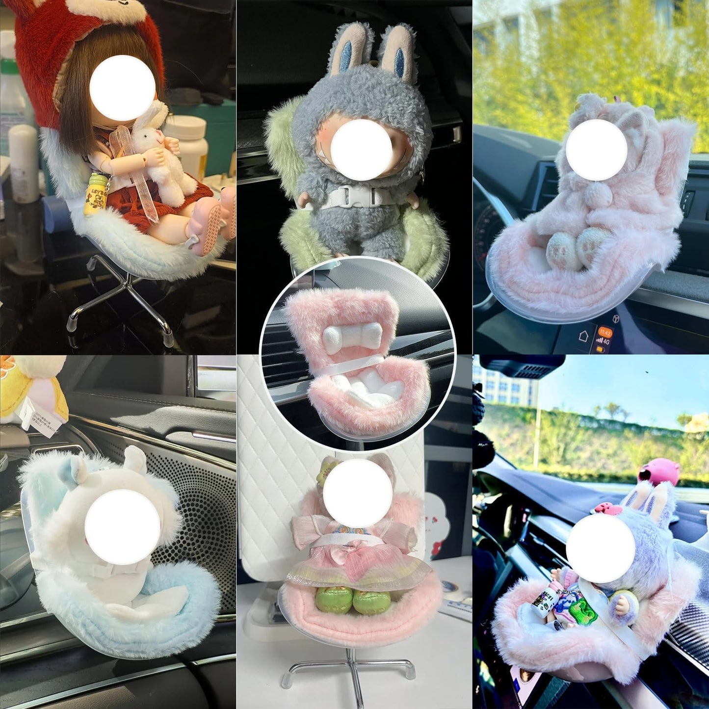 NUJOLI La-bubu Car Seat with Soft Furry Cushion for 10-17cm Dolls, La-bubu Accessories, Car Air Vent Decor, Includes Seat Leg fo