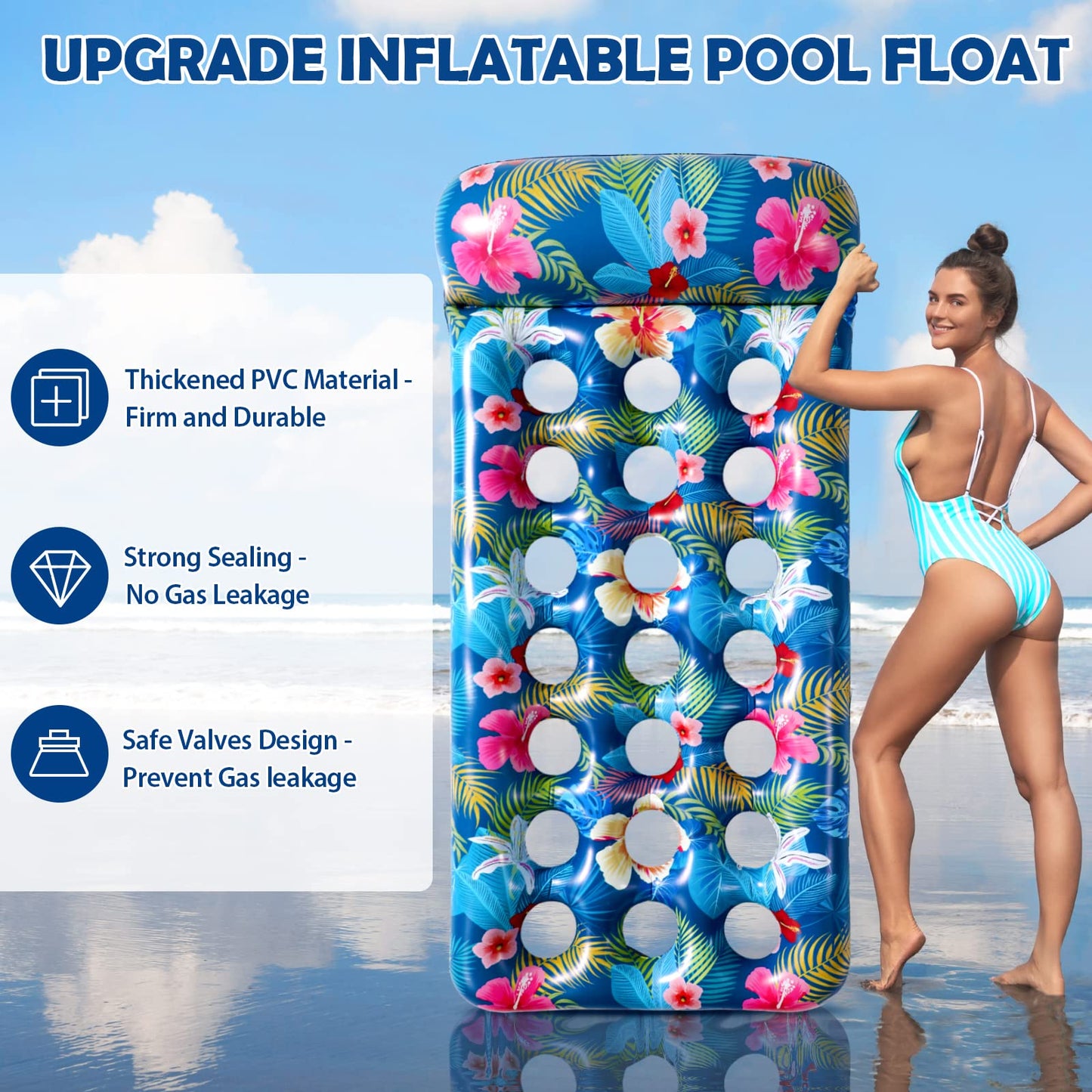 Inflatable Pool Floats Raft - Oversized For Adults, Cooling Pool Float Contour Lounger With Headrest For Swimming Pool, Lake, Su