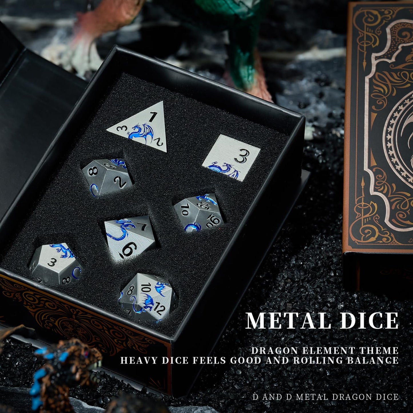 Metal Dnd Dice, Hnccesg Dragon Metallic D&D Dice Set 7 Pcs For Dungeons And Dragon Ttrpg Games, Polyhedral Rpg Dice Set With Gif