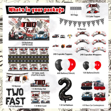 Mpanwen Two Fast Birthday Decorations For Boys, 153 Pcs Race Car Birthday Party Supplies - Backdrop, Toppers, Cupcakes Wrappers,