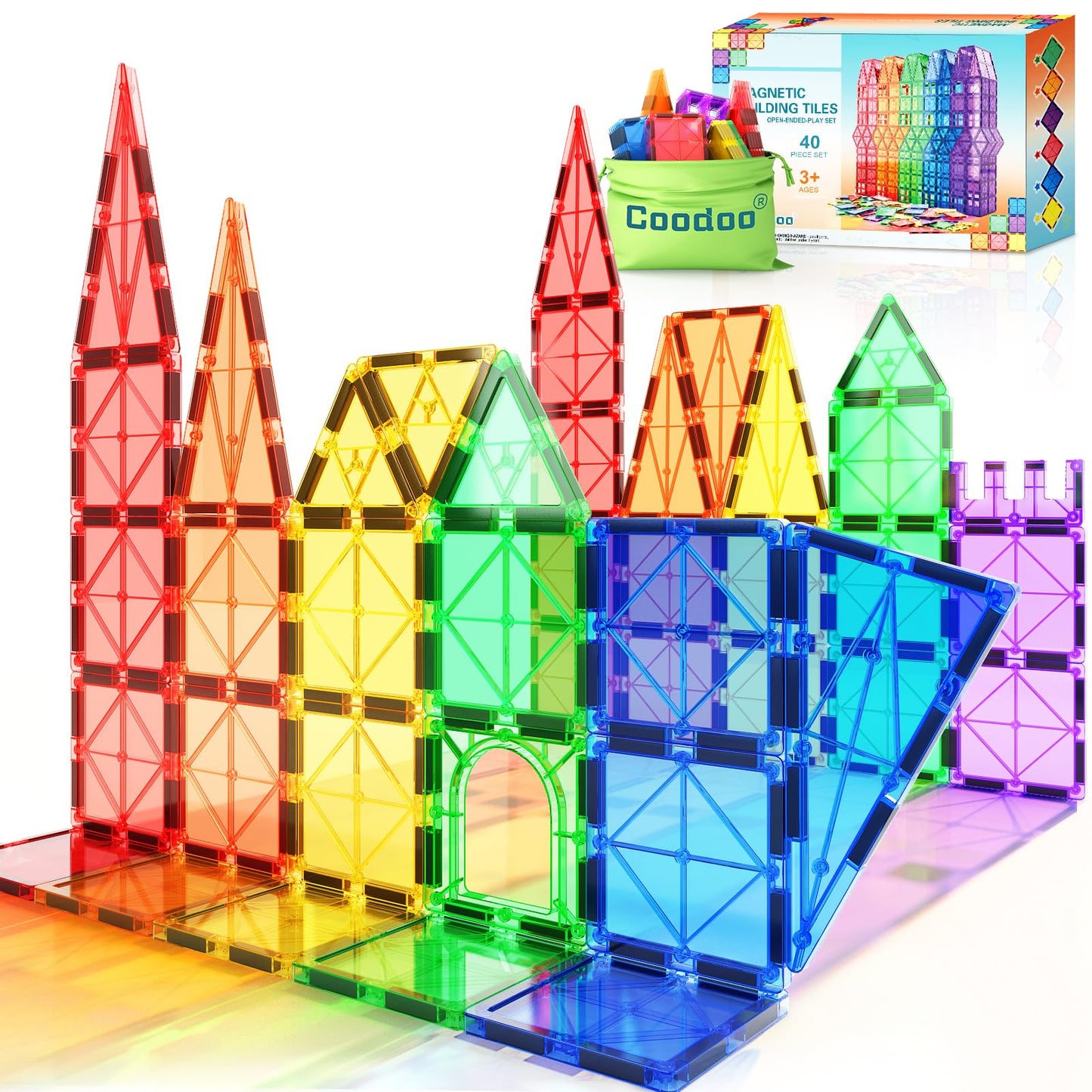 Magnetic Tiles Kids Toys Stem Magnet Toys For Toddler Magnetic Blocks Building Toys Preschool Learning Sensory Montessori Toys For 3+ Year Old Boys And Girls, Safe Creativity Toddler Kids Toys 40Pcs