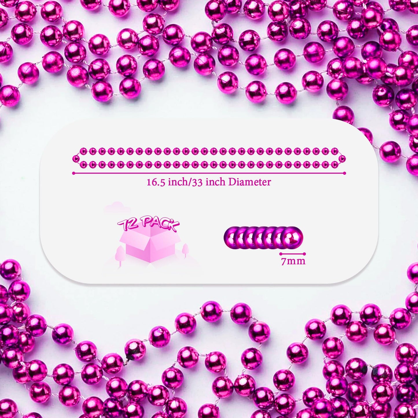 YAXINRUI 72 PCS Metallic Hot Pink Bead Necklaces, 33 Inch 7 mm Mardi Gras Beads Bulk Round Cancer Awareness Beads Necklaces for