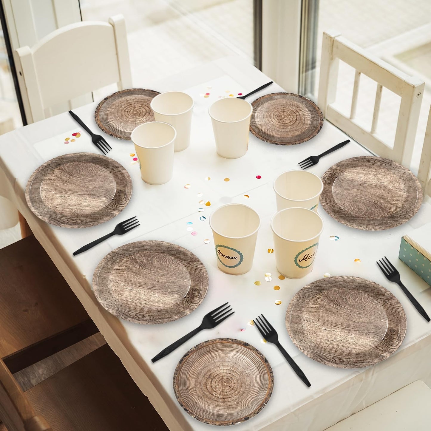 Gisgfim 48 Pcs Rustic Wooden Tree Party Plates Supplies Tableware Set Lumberjack Party Decorations Camping Hunting Theme Party T