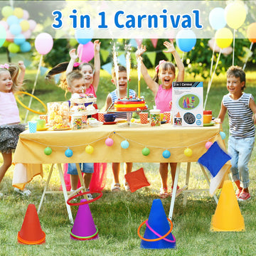 Win Sports 3 In 1 Carnival Outdoor,Combo Games Set,Soft Plastic Cones,Cornhole Bean Bags,Ring Toss Game,Kids Birthday Party Outdoor Games Supplies 26 Piece Set