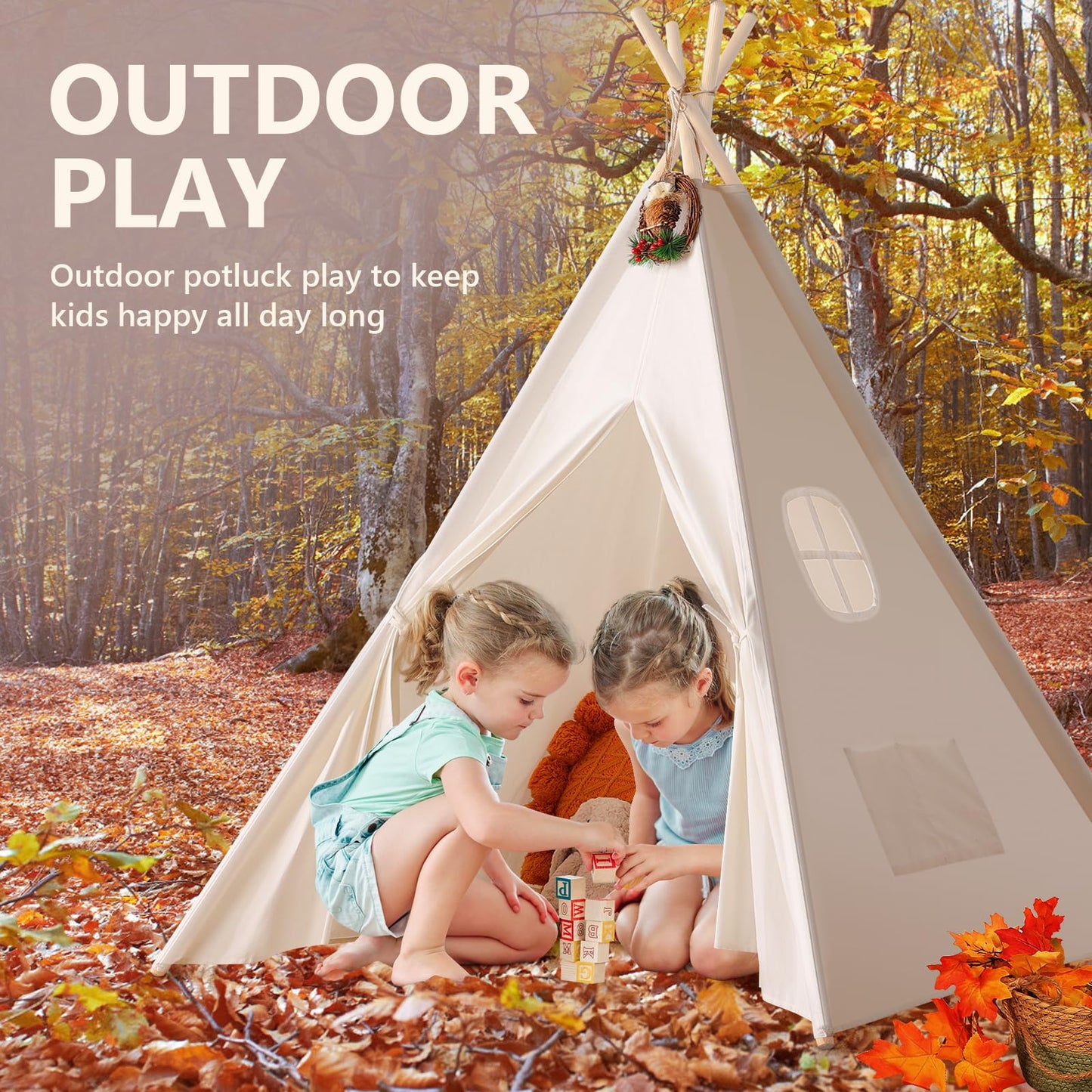 Sumbababy Teepee Tent for Kids - Natural Canvas Indoor Play Tent with Lights, 47.2x47.2x68.1, Washable, Foldable Gift for Girls & Boys