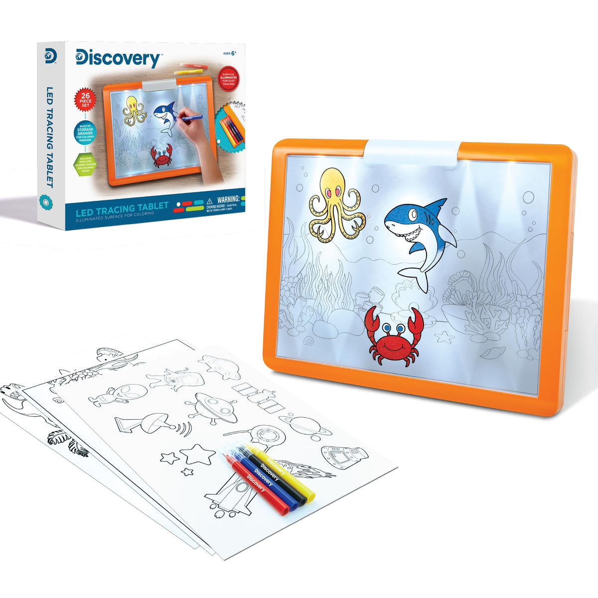 Discovery LED Tracing Tablet, 26Piece Set with Washable Markers, Tracing & Template Sheets, Battery Powered Doodle Activity Lig
