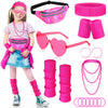 Vabean 17 Pcs Kids 80s Costume Accessories Set Halloween Girls Cosplay 1980s Retro Party Outfits Holographic Fanny Pack Ribbed Leg Warmers Headband Wristbands Glasses Necklace Earrings Bracelet