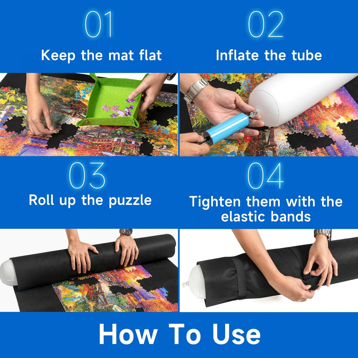 Sancaliie Jigsaw Puzzle Mat Roll Jigsaw Storage Felt Mat Jigroll Up to 2 000 Pieces with 6 Colorful Trays Jigsaw Puzzle Player Gift Box with Drawstring Storage Bag 3 Elastic Band Hand Pump