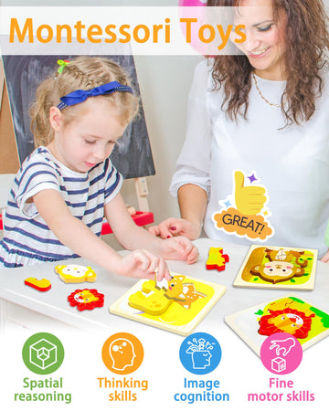 Tonberless Wooden Puzzles Toddler Toys For 1 2 3 Year Old Boy Girl, 4 Packs Animal Toddler Puzzles Preschool Educational Learnin