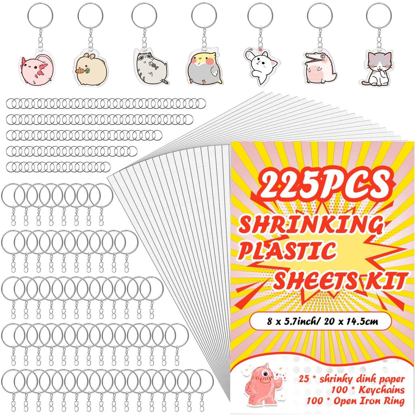 Ofnmy 225Pcs Shrinky Dink Kit,Shrinky Dink Sheets,Shrink Plastic Sheets Kit With 25Pcs Shrinky Dink Paper,100Pcs Keychains And O