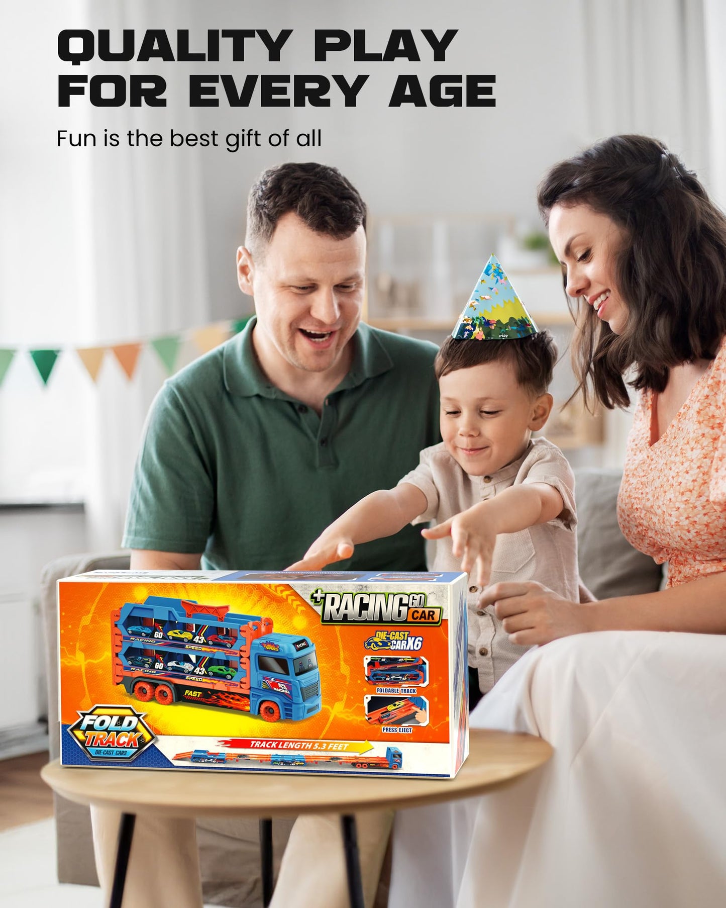 Carrier Truck For 3 4 5 6 Year Old Kids With Foldable 5.3Ft Track, 6 Die-Cast Metal Small Race Cars, Dual Rail Ejection Device,