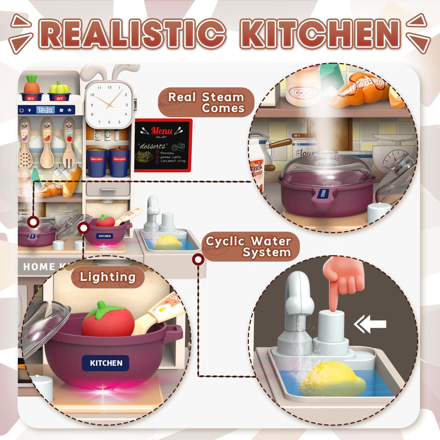 Mini Kids Kitchen Playset with Apron, Play Kitchen Toy with Realistic Steam and Lights, Play Sink and Toy Kitchen Accessories, P