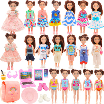 20 Pcs 5.3 Inch Doll Clothes & Accessories Include 5 Dresses 3 Outfits Tops And Pants 3 Swimsuits With 2 Shoes 1 Backpack 1 Laptop 1 Pad 1 Glasses 1 Drink 1 Hat For 5.3 - 6 Inch Dolls