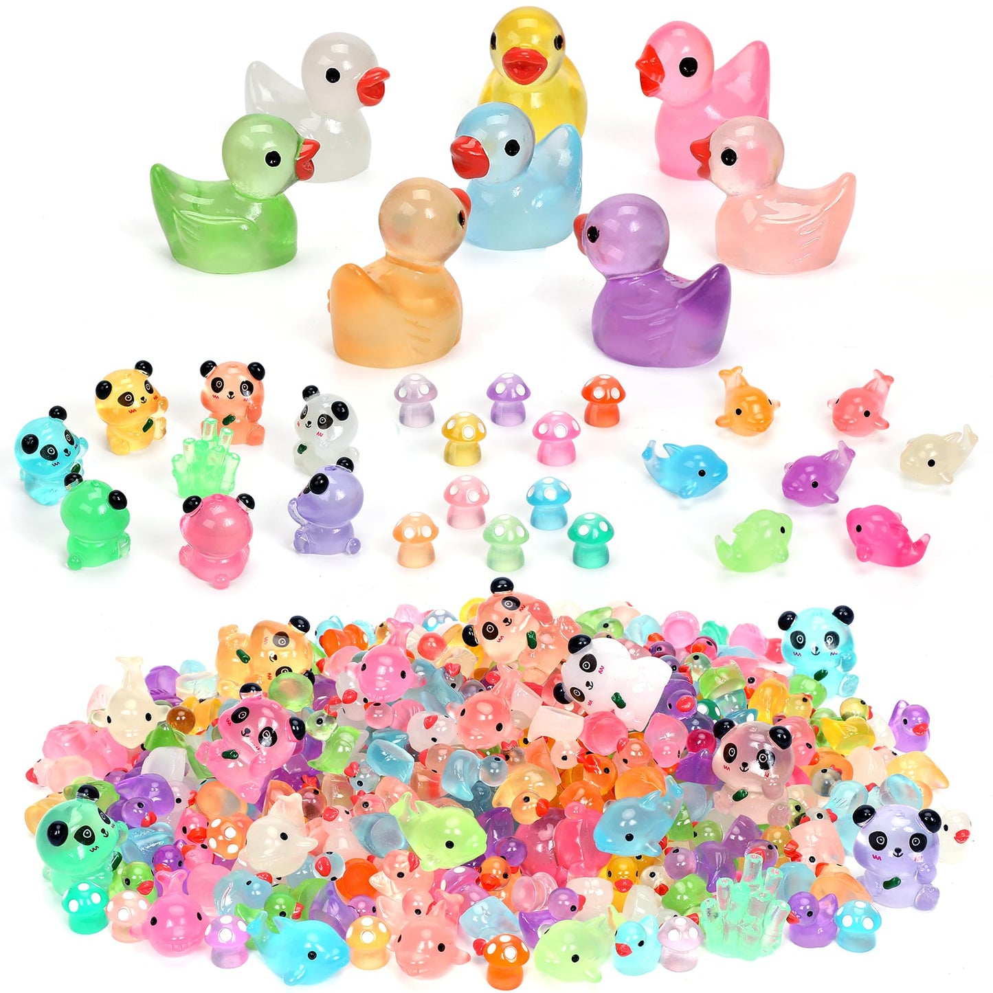GOKUPOK Luminous Mini Resin Ducks Tiny Animals Glow in The Dark Duck Panda Dolphin Mushroom 4 Combination Sets for Garden Micro