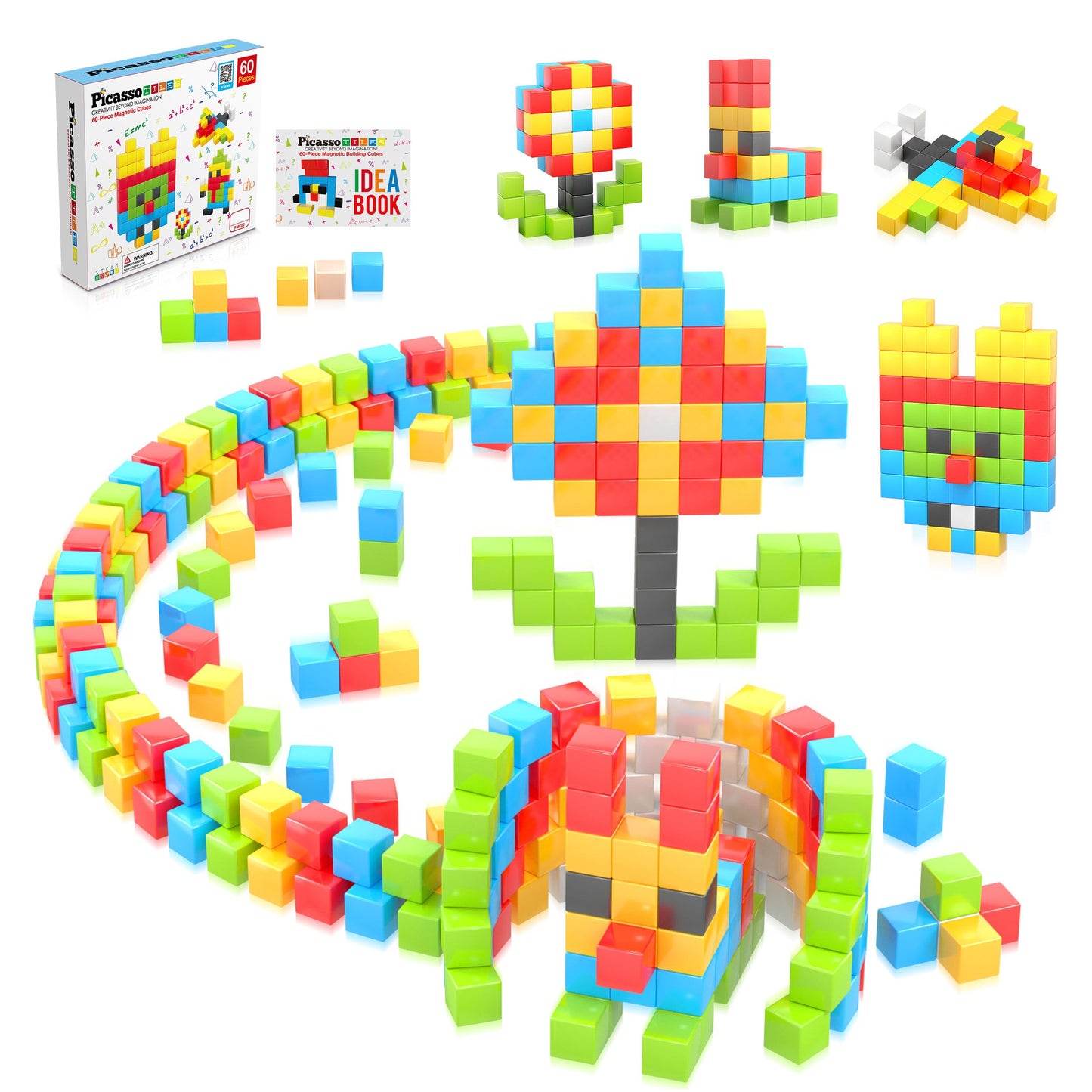 Picassotiles 60 Pieces 1'' Magnetic Building Blocks, 3D Construction Cubes Magnet Sensory Toys Gifts With Free Idea Book For Kid