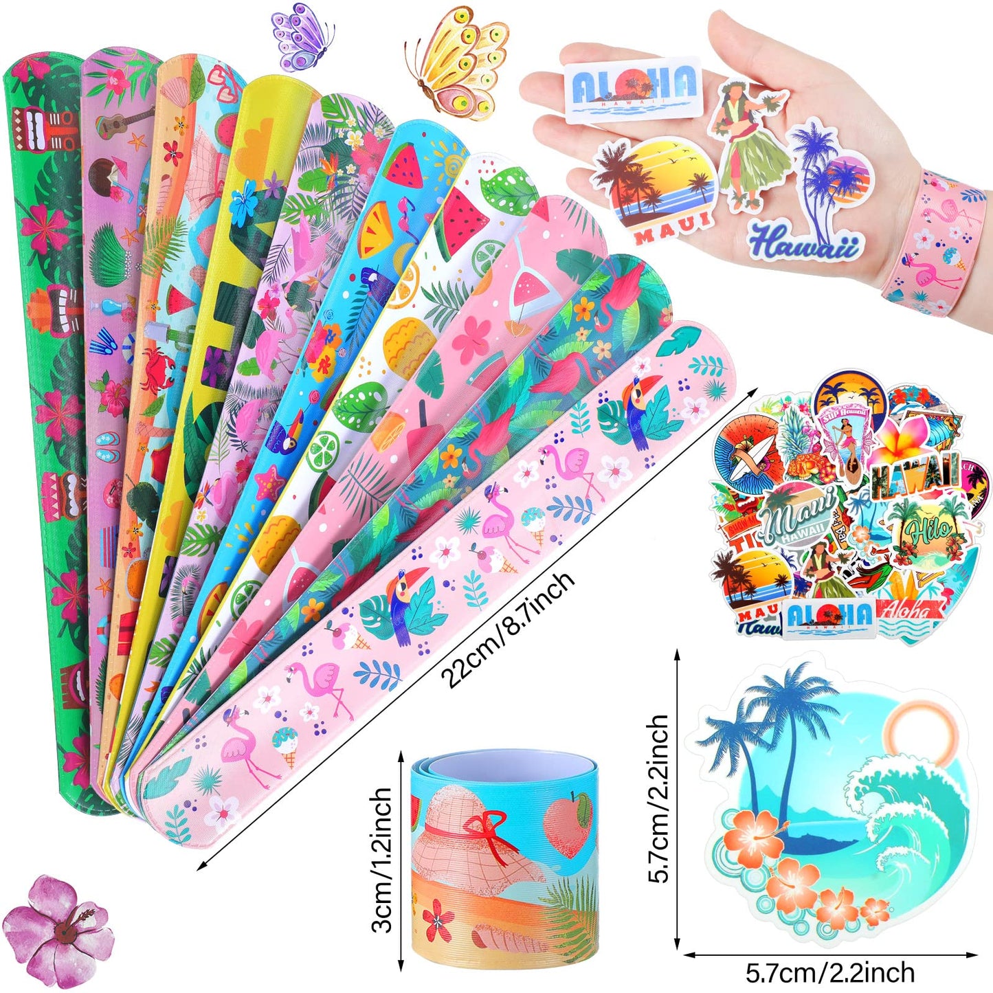 40 Pieces Hawaiian Theme Slap Bracelets with 50 Pieces Hawaii Stickers Summer Hawaii Snap Bracelet for Adult Luau Tropical Gifts