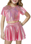 Happy Cherry 2Pcs Kids Girls Shiny Metallic Short Sleeve Crop Top With Pleated Skirt Set Dancewear Performance Costumes Rose Red