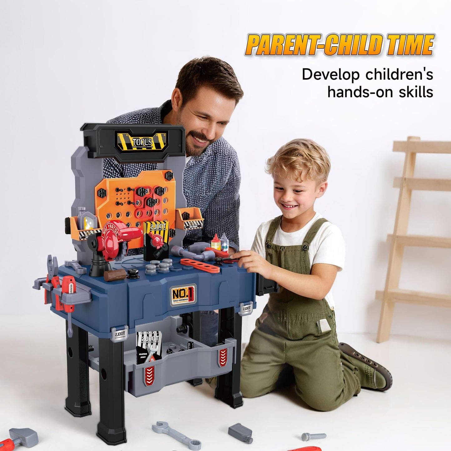 Kids Tool Bench, Kids Tool Set 118 Pieces with Realistic Tools, Electric Drill and Kids Tool Stickers, Toddler Workbench Pretend