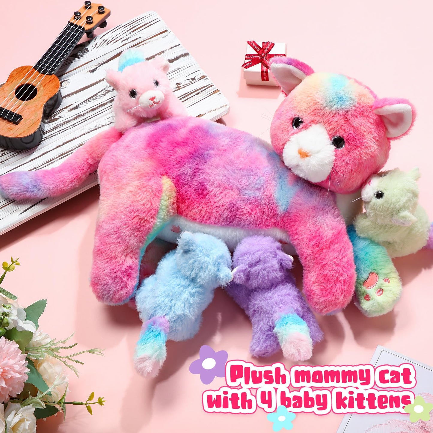 Skylety Nurturing Cat Stuffed Animal With 4 Plush Kittens, Cat Baby Stuffed For Girls And Boys Plushy Mommy Kitty With Baby Kittens For Birthday Party Favors Gifts(Novelty Style)
