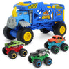 KARMOUNT Monster Trucks Hauler with 3 Mini Trucks, Blue, Plastic, Model SQ86002-1, Gift for Kids 3 Years & Up