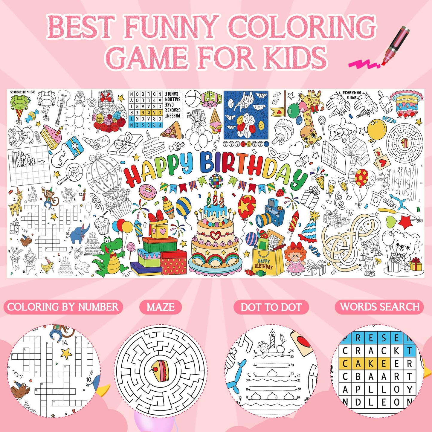 Happy Birthday Giant Coloring Poster For Kids 30X72 Inch, Birthday Large Coloring Poster Tablecloth, Birthday Themed Color-In Ac