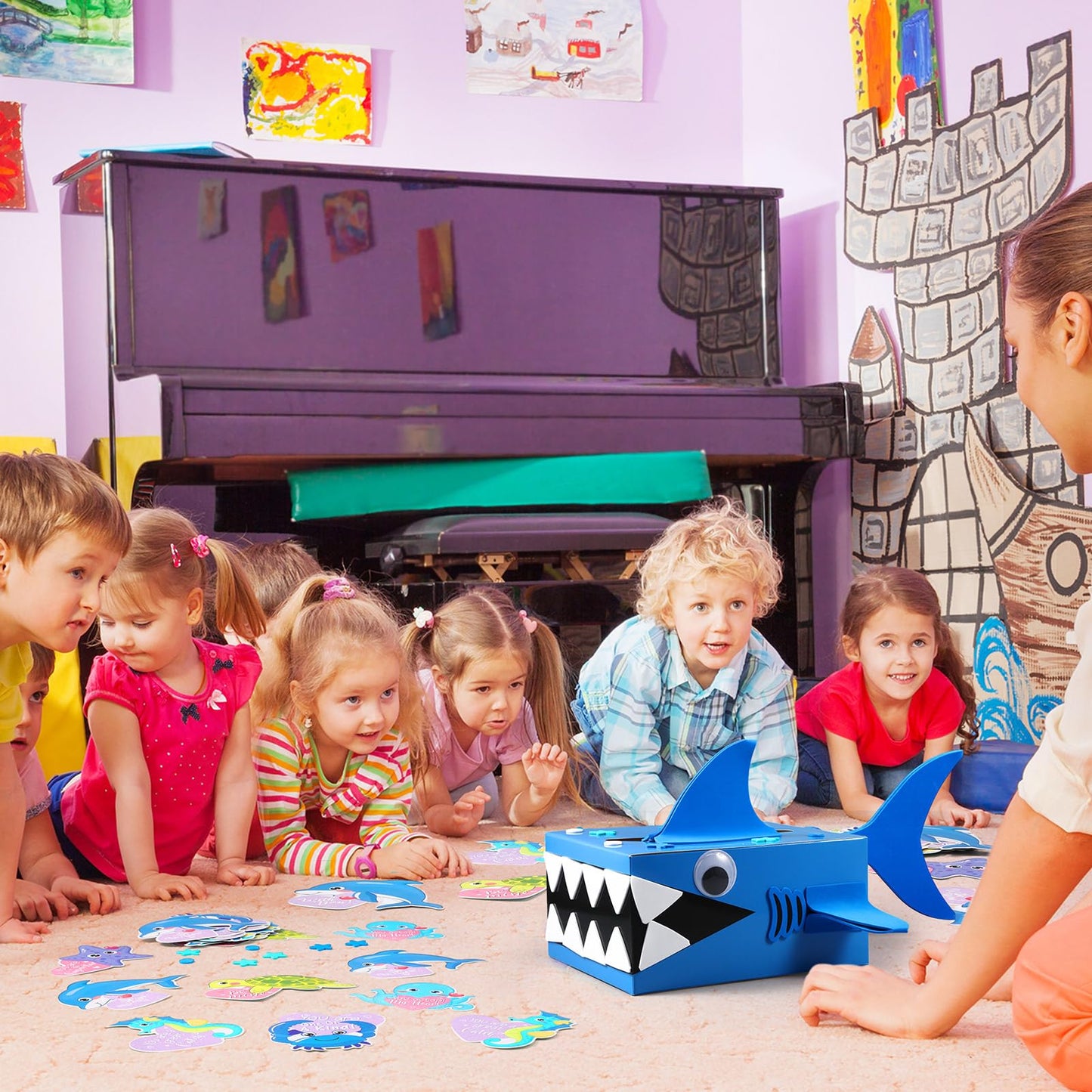 Pasimy DIY Valentines Box for Kids with 36 Sea Animal Cards Shark Valentine Box 3D Mailbox Craft Cards Collector for Boys Girls