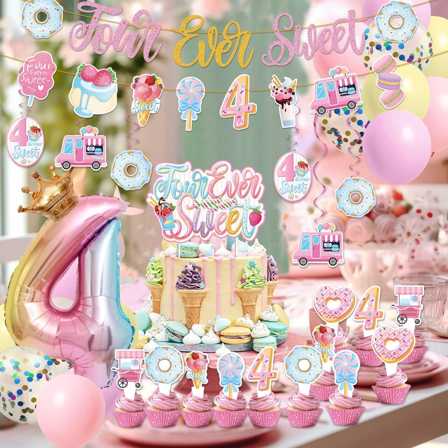 Juyrle Four Ever Sweet Birthday Decorations Girl- Ice Cream Birthday Party Decorations With Donut Banner Ice Cream Cake Toppers 4Th Foil Balloon Arch For 4 Year Old Macaron Birthday Party Supplies