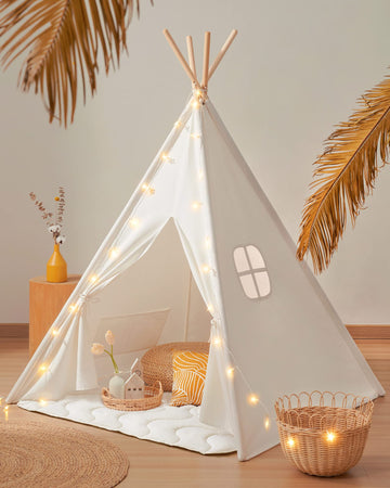 Tiny Land Kids Teepee Tent - 100% Cotton, White, Foldable with Padded Mat & Star Lights, Model ZRW-ETZP-SBN010, for Ages 3+