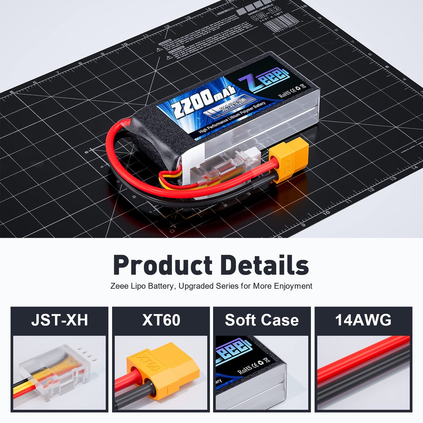 Zeee 2S Lipo Battery 2200mAh 7.4V 50C Shorty Pack Battery with XT60 Connector Soft Pack for 1/16 Slash RC Car RC Truck RC Helico
