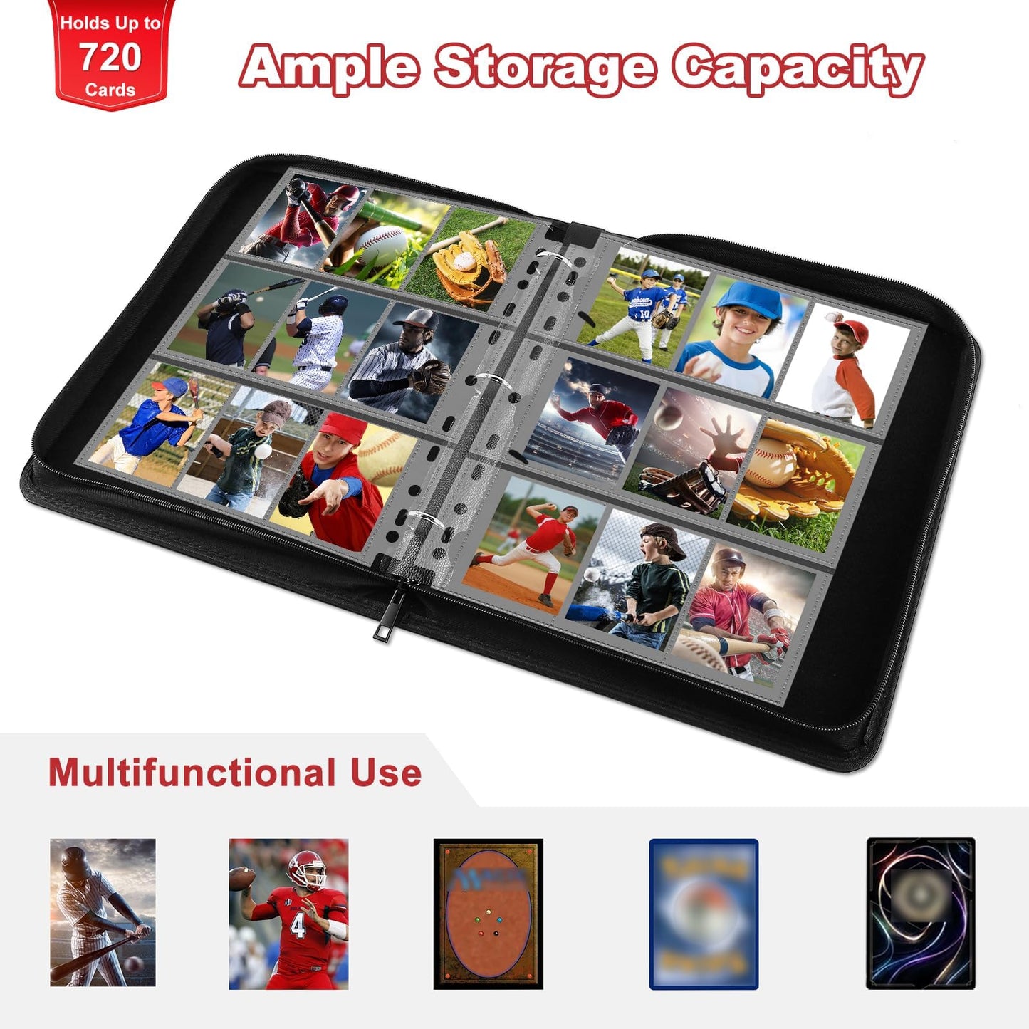 Baseball Card Binder 720 Pocket, Trading Card Binder With Toploaders Card Display, Premium Baseball Card Holder With Baseball Pa